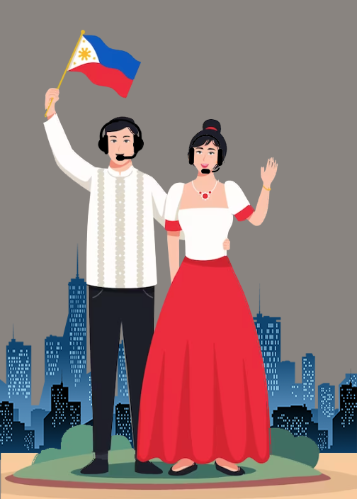 filipino and filipina with headset waving Philippines flag